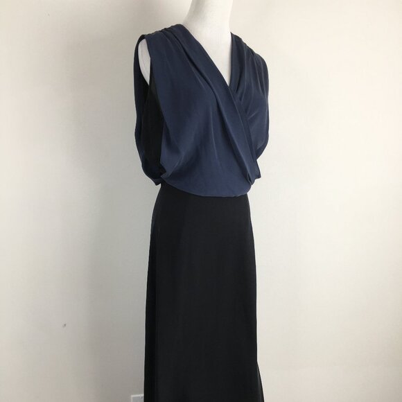 RAOUL Black Blue 100% Silk Pleated V Neck Ruching Shoulder Slit Hem Dress - Picture 4 of 13